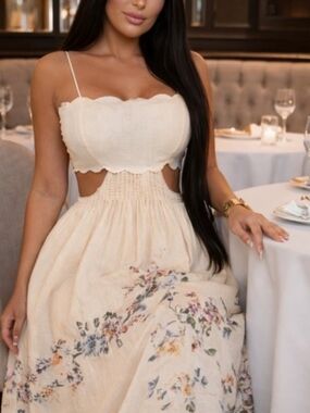 Women’s Cream Floral Maxi Dress with Cutout Waist